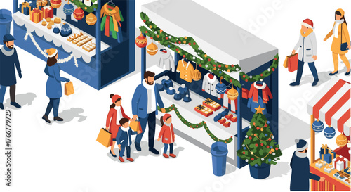 Festive holiday market scene with christmas decorations and shoppers in isometric style