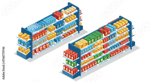 Isometric supermarket shelves with assorted colorful grocery products on display