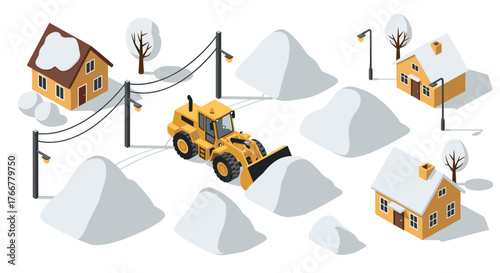 Snowy winter village scene with snowplow in isometric style