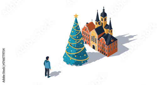 Festive isometric scene with man, large christmas tree, and historic building
