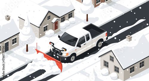 Isometric winter snow plow truck clearing streets in snowy suburban neighborhood
