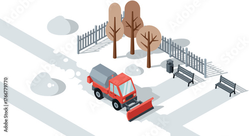 Isometric snow plow clearing park pathway in winter scene