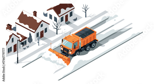 Isometric winter scene with snow plow clearing road in residential neighborhood
