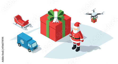 Isometric festive delivery scene with santa, sled, gift box, drone, and holiday truck