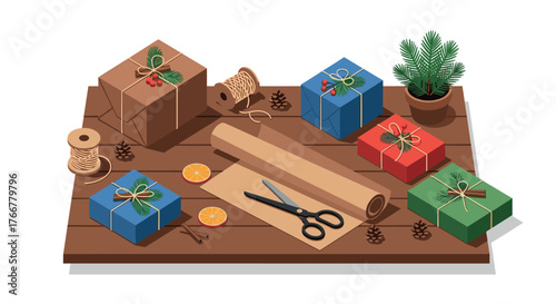 Holiday gift wrapping in isometric style with presents and craft supplies