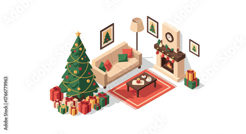 Cozy christmas living room scene with tree, gifts, and fireplace isometric design