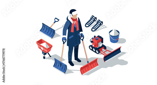 Winter equipment isometric scene with snow shovel, snowblower, and accessories