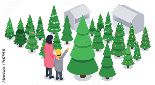 Family choosing a christmas tree in isometric holiday market scene