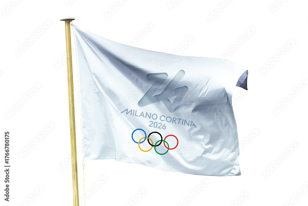 Fototapeta premium Photo of the logo of the 2026 winter olympics Milano Cortina on a flag on a pole isolated on white or transparent background, png cut out