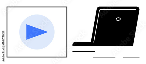Play button next to laptop represents online video streaming, e-learning, or digital content consumption. Ideal for media, technology, education, entertainment, productivity, communication simple