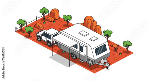 Isometric caravan and 4wd vehicle parked in campsite with red earth, sparse trees, and rock formations, representing outdoor adventure and travel in australia