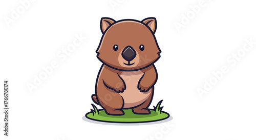Cute cartoon wombat standing on grass, isolated on, depicted in simple and adorable style, perfect for childrens content or australian themes