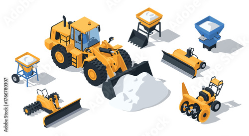 Construction vehicles and equipment in isometric style for industrial projects