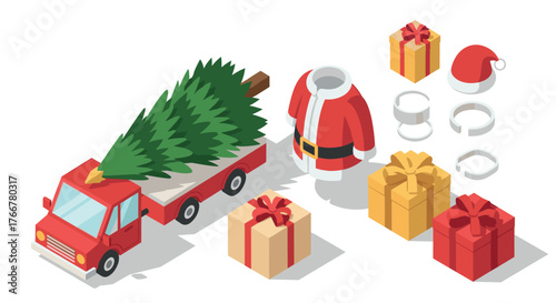 Isometric christmas icons featuring santa outfit and gifts