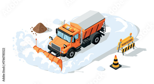 Isometric snow plow truck clearing snow with road closure signage