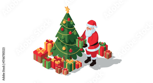 Isometric santa placing gifts under christmas tree with colorful decorations