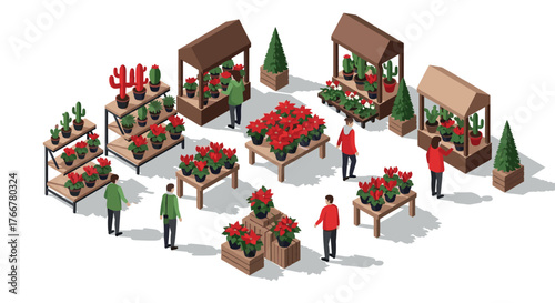 Isometric garden center scene with shoppers and various plants