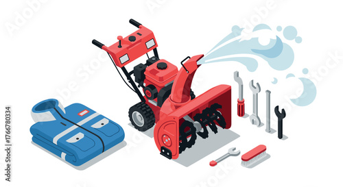 Isometric snow blower maintenance with toolkit and winter gear