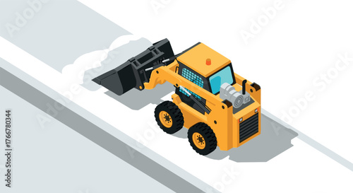 Isometric yellow bulldozer clearing snow on road