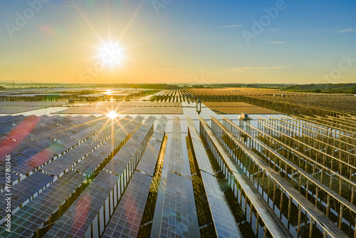 Photovoltaic panels at sunrise, a new solar energy source