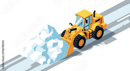 Isometric snow plow truck clearing road in winter scene