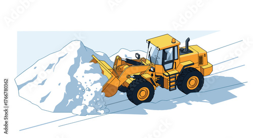 Yellow bulldozer moving snow pile on sloped terrain in cartoon style
