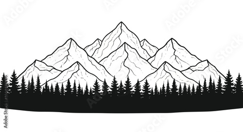 Illustration of a mountain range with pine trees in silhouette against a white background with a simple line drawing style.