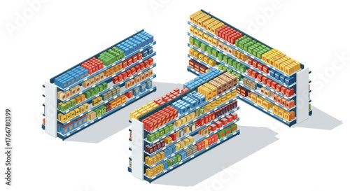 Isometric grocery store shelves filled with colorful products in 3d style