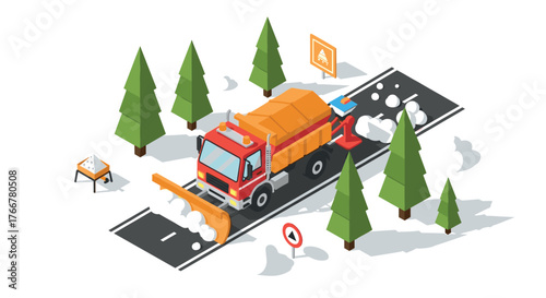 Isometric snowplow clearing winter landscape with evergreen trees and road signs