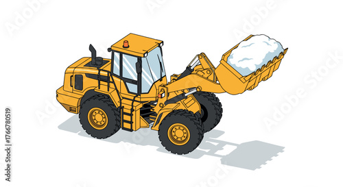 Yellow isometric front loader with snow load on white background