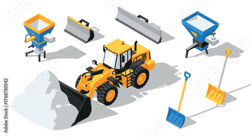 Construction and snow removal equipment set in isometric style