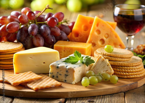 Cheese and cracker platter with a variety of cheeses and grapes. The grapes are in the background and the cheese is in the foreground