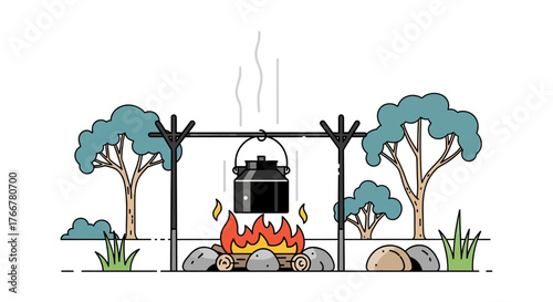 Campfire cooking with pot hanging over flames, surrounded by trees and rocks, illustrating outdoor adventure and wilderness survival