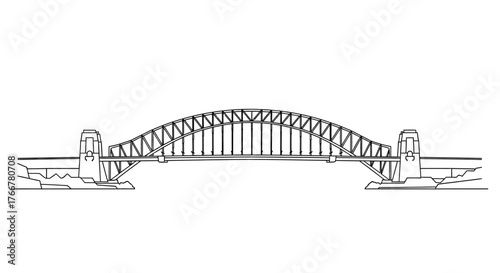 Detailed sketch large steel arch bridge, showcasing its intricate structure and engineering design, spanning across body water