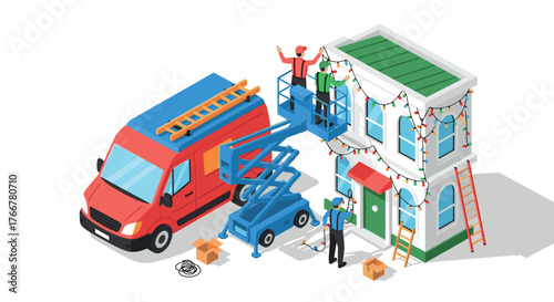 Isometric christmas decorations being installed on house by workers