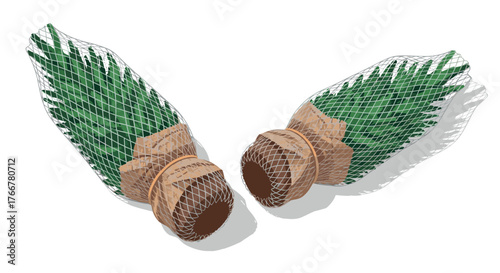 Isometric pine tree branches wrapped in protective mesh for freshness and transport