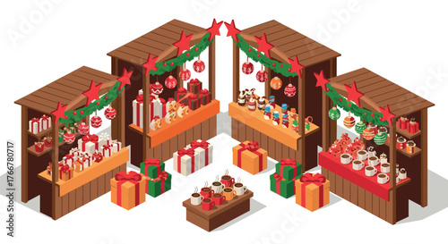 Festive christmas market stalls with gifts and decorations in isometric style