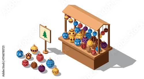 Festive market stall with colorful christmas ornaments in isometric style