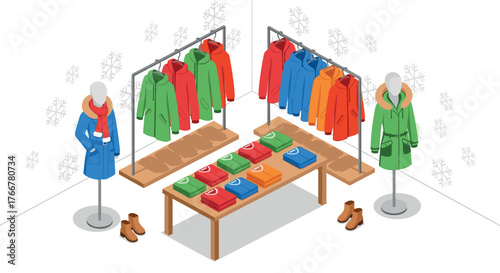 Winter apparel showroom with coats and accessories in isometric style