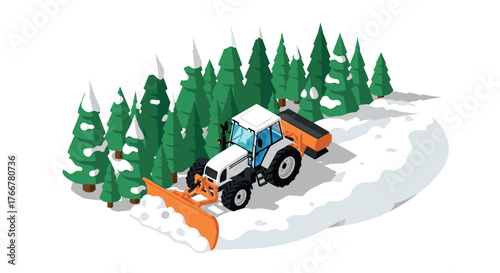 Isometric tractor clearing snow in winter forest scene