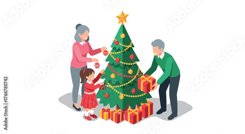 Family decorating christmas tree with gifts in isometric style