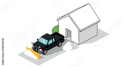 Isometric snow plow truck clearing driveway near house in winter scene