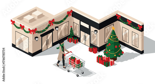 Festive shopping scene: isometric holiday store with decorated tree and gifts