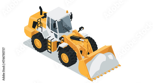 Isometric yellow bulldozer with front loader on white background