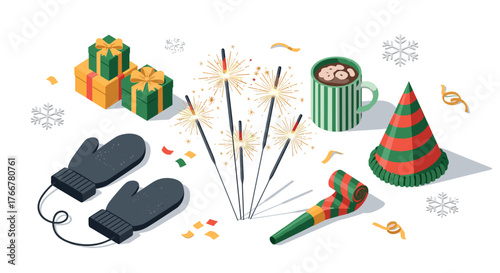 Festive holiday items: sparklers, gifts, and winter cheer in isometric style