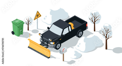 Snow plow truck in winter parking lot with trees and sign in isometric style