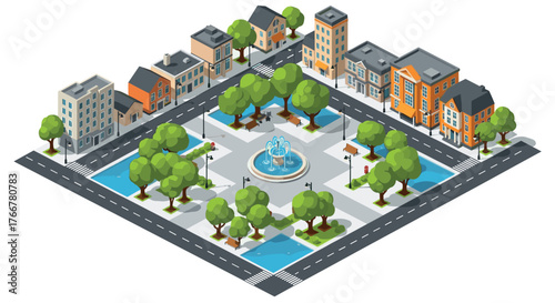 Tranquil urban park: vibrant isometric city block with fountain and trees
