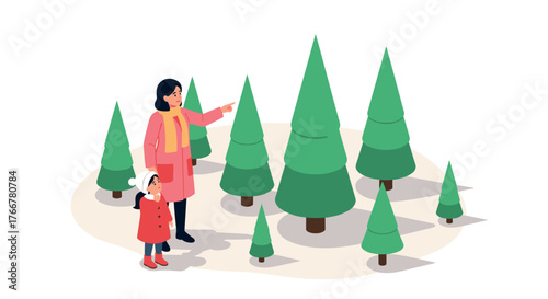 Family exploring pine forest in minimalist isometric design