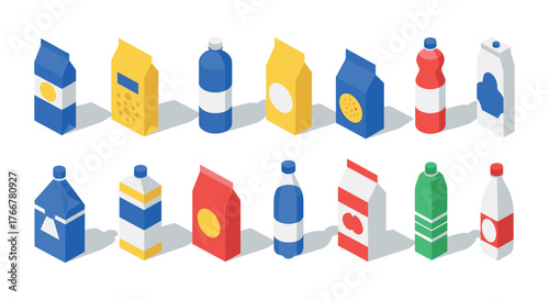 Colorful isometric beverage packaging collection with geometric designs