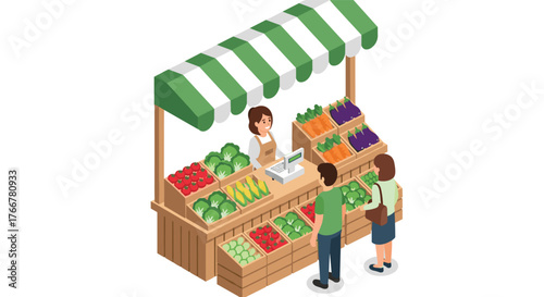 Isometric farmers market stall with fresh vegetables and customers